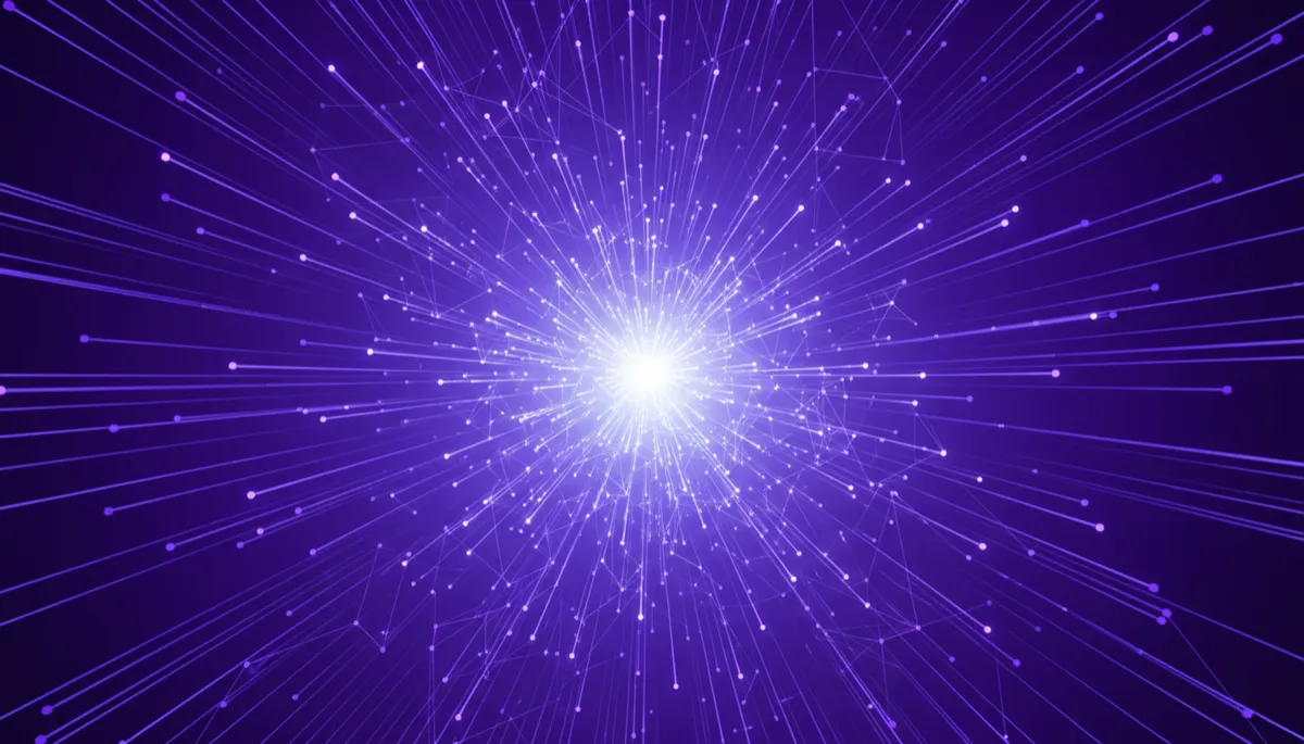 abstract deep purple and electric violet geometric data streams forming a neural network grid, glowing lines and nodes converging toward a bright central point, high-contrast futuristic style