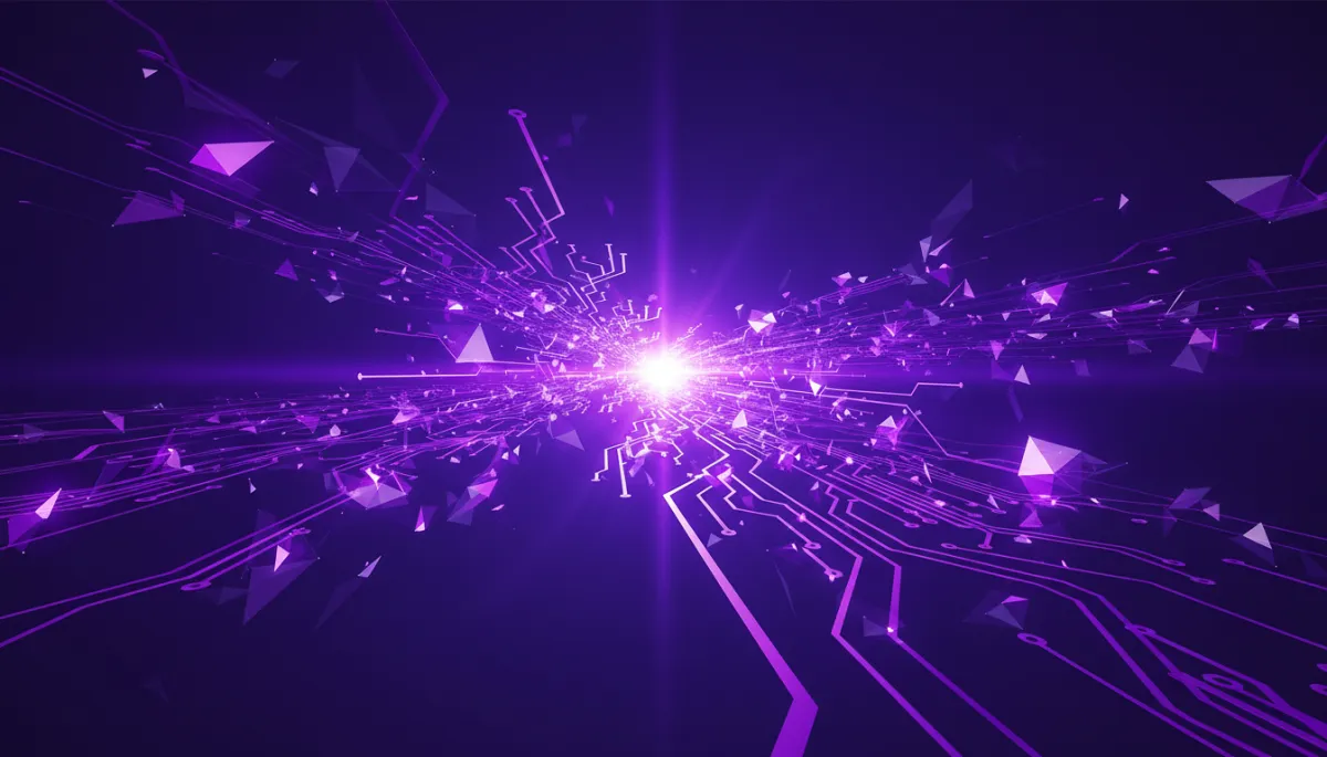abstract tech geometric digital flow in deep purple and electric violet indigo, dense digital circuit pathways and glowing data streams converging toward a central bright node, premium agency-level quality, no humans