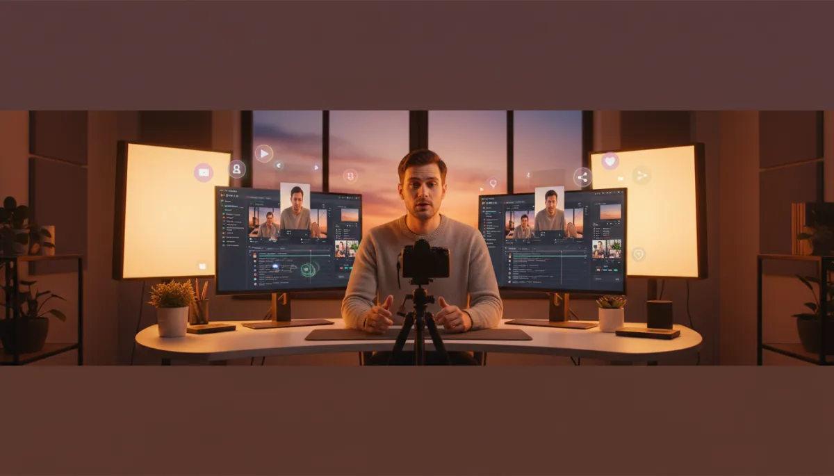 photorealistic wide shot of a modern warm-toned home studio at dusk, content creator speaking to camera with softbox lights, dual monitors showing an AI auto-clipping dashboard rapidly generating multiple short vertical videos from one long recording, subtle holographic social media icons floating around the screens