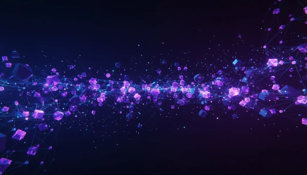 abstract deep purple and electric violet/indigo neural network, glowing geometric nodes connected by luminous data streams, ethereal light particles in dark space, premium abstract digital art