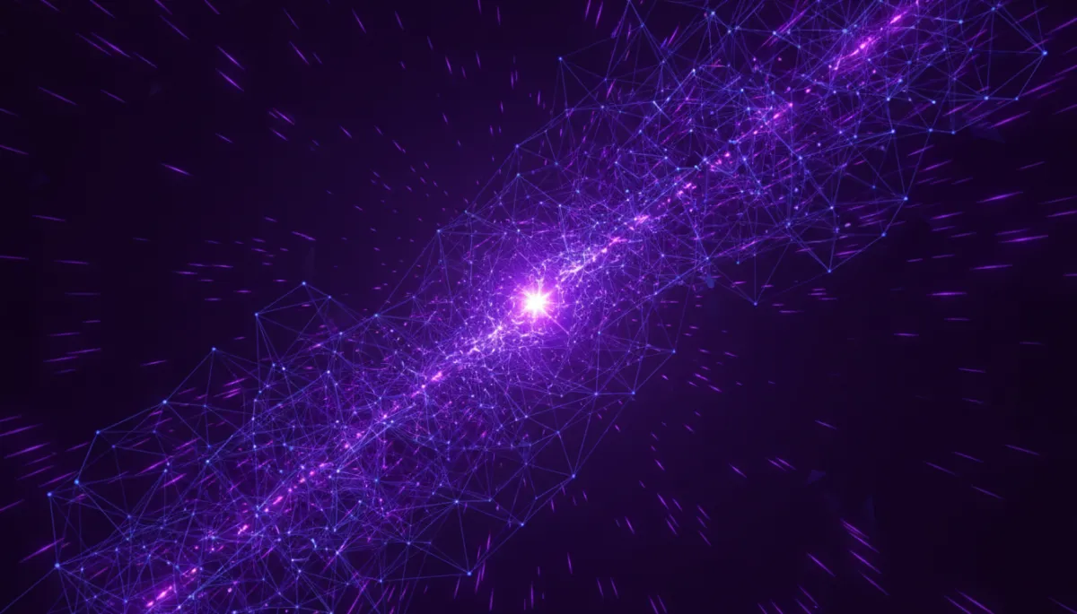 abstract geometric digital art, deep purple and electric violet geometric shapes cascading like a neural network, glowing indigo data streams converging into a radiant central vortex, dark background with luminous violet energy pulses, premium agency-level quality, absolutely no humans