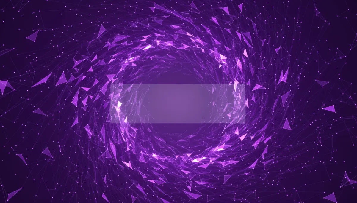abstract tech digital geometric flow background in deep purple and electric violet indigo, glowing neural network lines and data streams forming a stormy vortex, subtle overlay space for headline and subtitle text in the center