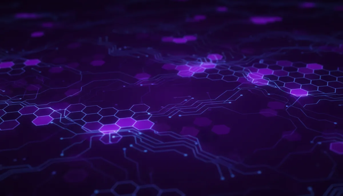 Abstract digital neural network flow with deep purple and electric violet gradient, glowing geometric hexagonal lattice patterns