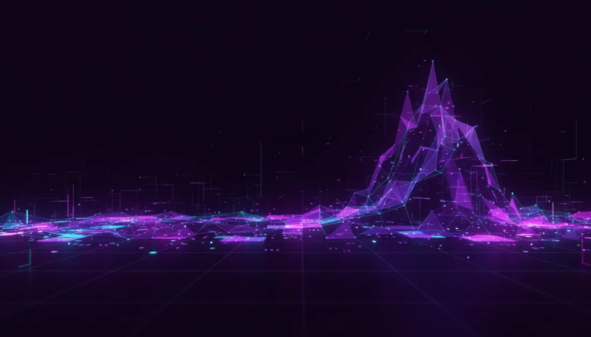 abstract tech scene in deep purple and electric indigo, flowing geometric data streams forming a rising waveform against a dark background, subtle grid lines and glowing nodes, premium futuristic AI startup aesthetic