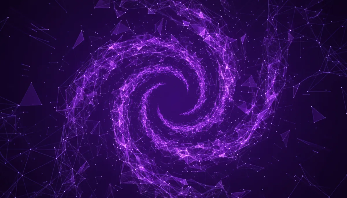 abstract, premium, agency-level digital art in deep purple with electric violet and indigo accents, flowing geometric data streams and neural-network circuitry forming a powerful vortex in the center, cinematic lighting and high contrast