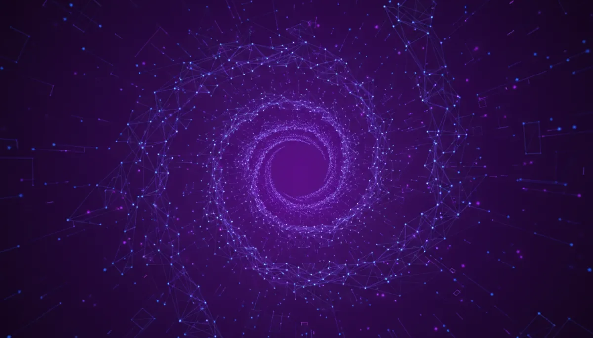 abstract digital, geometric, tech aesthetic showing electric violet and deep purple gradients, indigo data streams and glowing nodes forming a vortex, cinematic ultra-HD, no humans