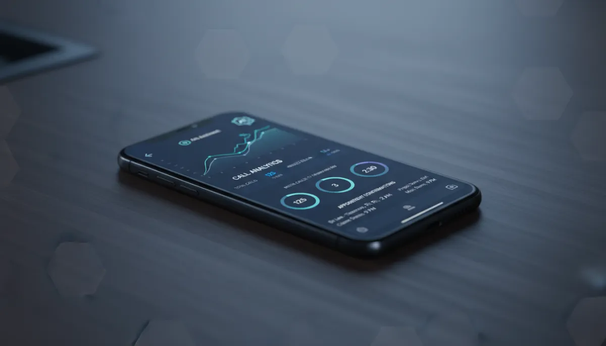 photorealistic dark-tech smartphone on a desk displaying a sleek AI phone answering dashboard with call analytics and appointment confirmations, cool neutral lighting, no humans