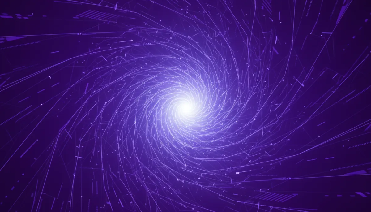 high-impact abstract digital tech vortex in deep purple and electric violet, geometric lines and flowing energy beams converging toward a bright center, no humans, premium futuristic style
