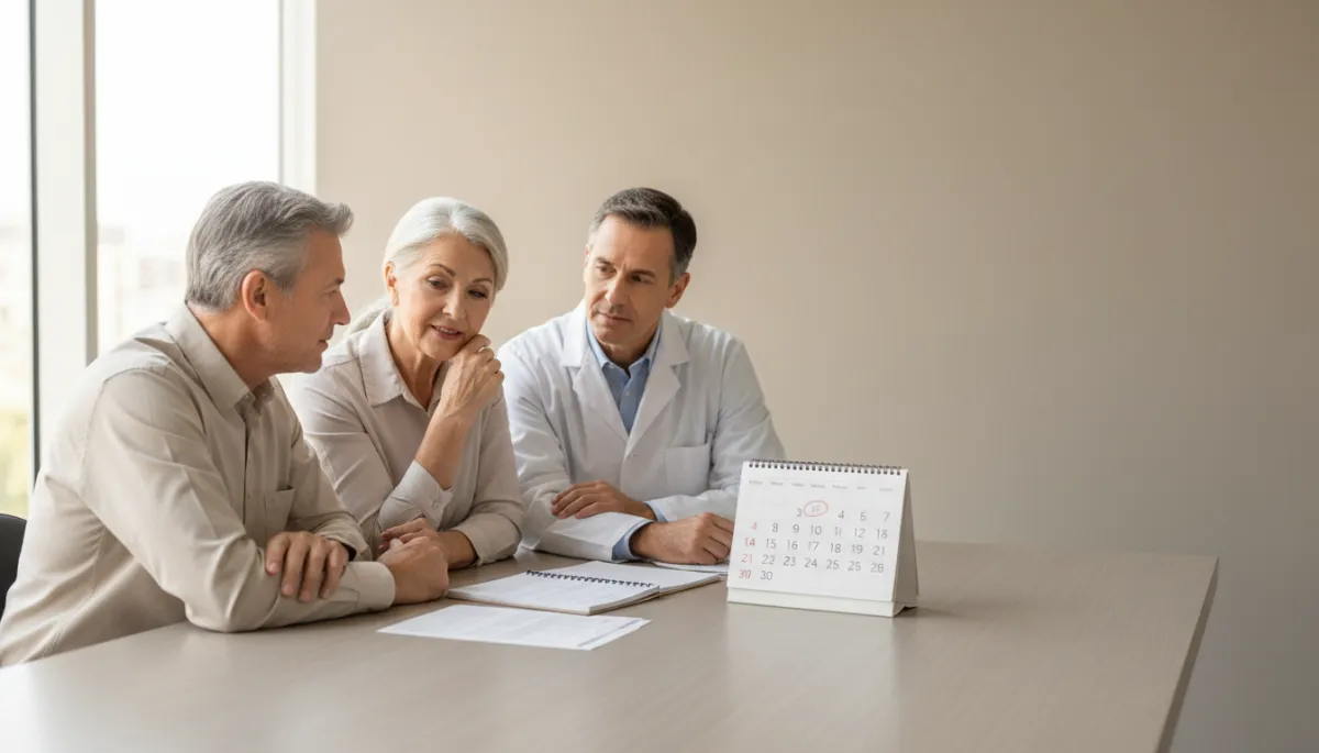 Retired couple talking with a doctor about memory concerns Retired couple talking with a doctor about memory concerns