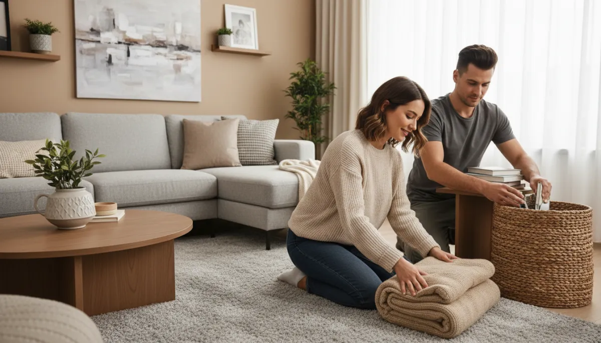 Young couple tidying their living room together in a calm, organized way