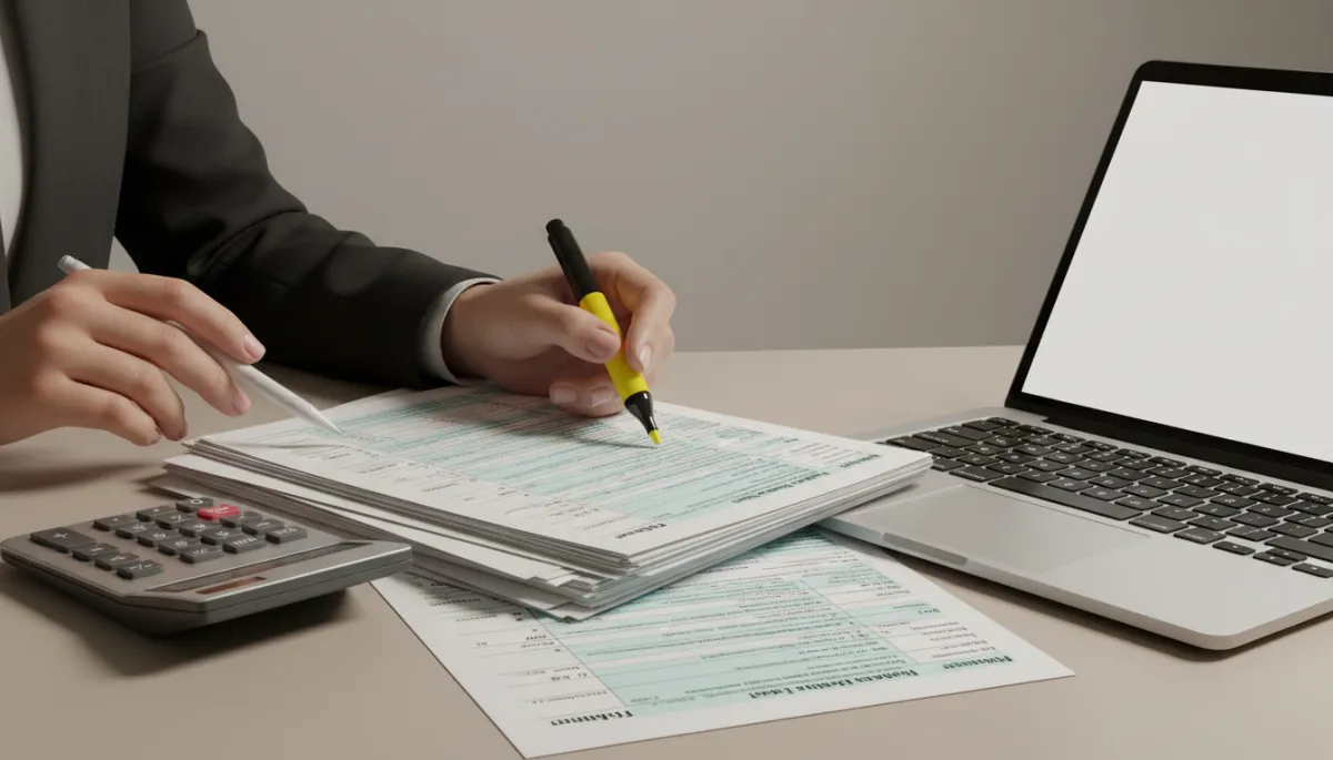 Business owner reviewing detailed tax documents and calculations