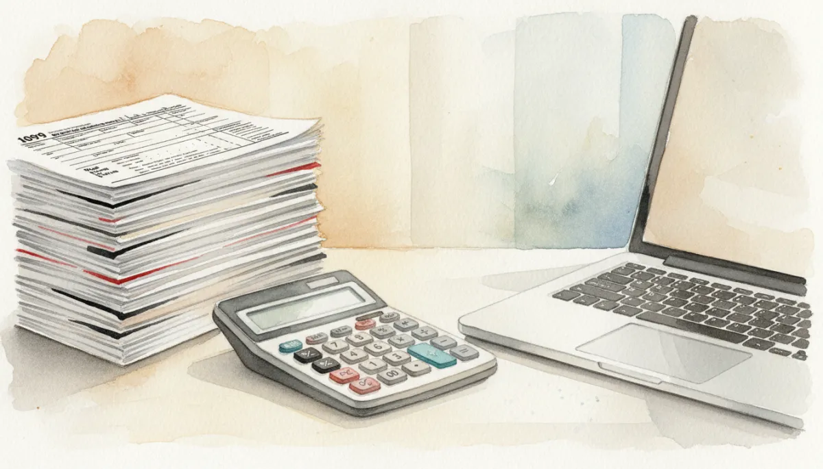 Organized 1099 income paperwork and financial tools on a desk