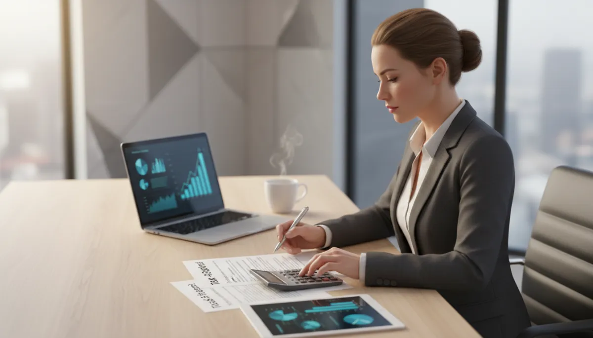 A photorealistic image of a professional business owner seated at a modern desk, carefully reviewing two clearly labeled documents: one titled A photorealistic image of a professional business owner seated at a modern desk, carefully reviewing two clearly labeled documents: one titled