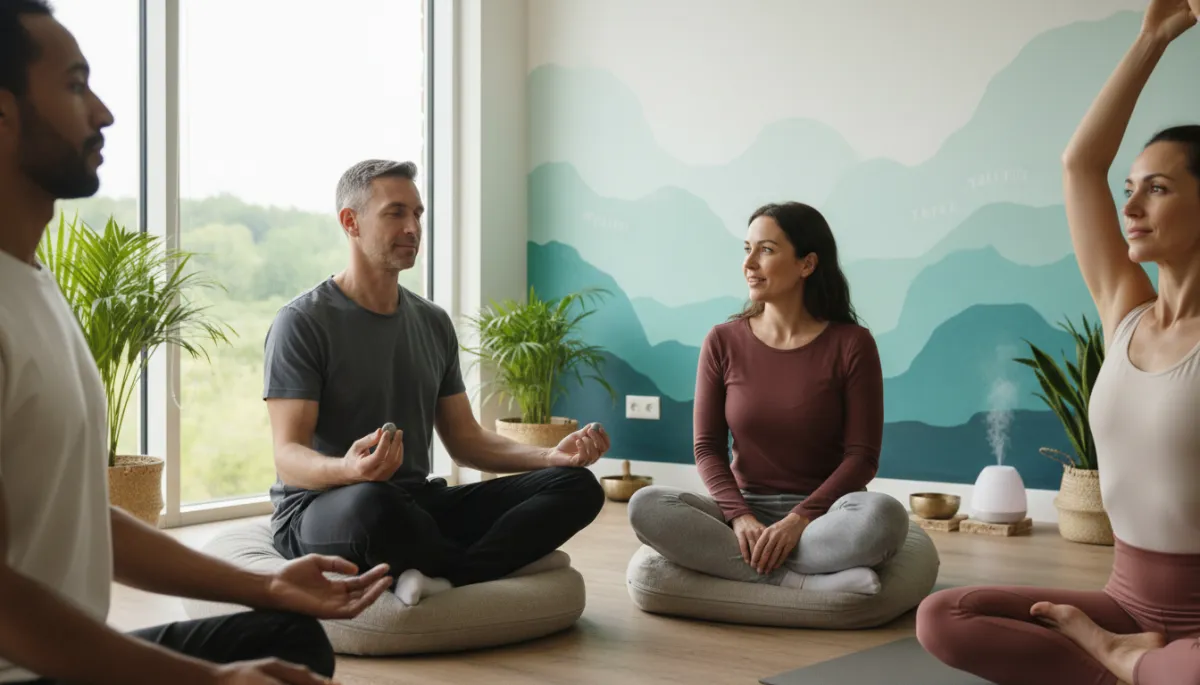 Therapist and young adult practicing grounding and nervous system regulation together Therapist and young adult practicing grounding and nervous system regulation together