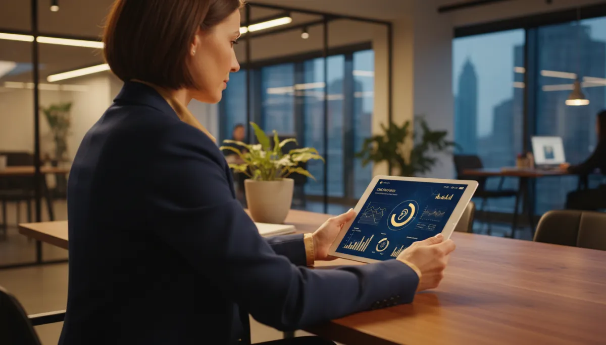 Small business owner reviewing AI call analytics on a tablet