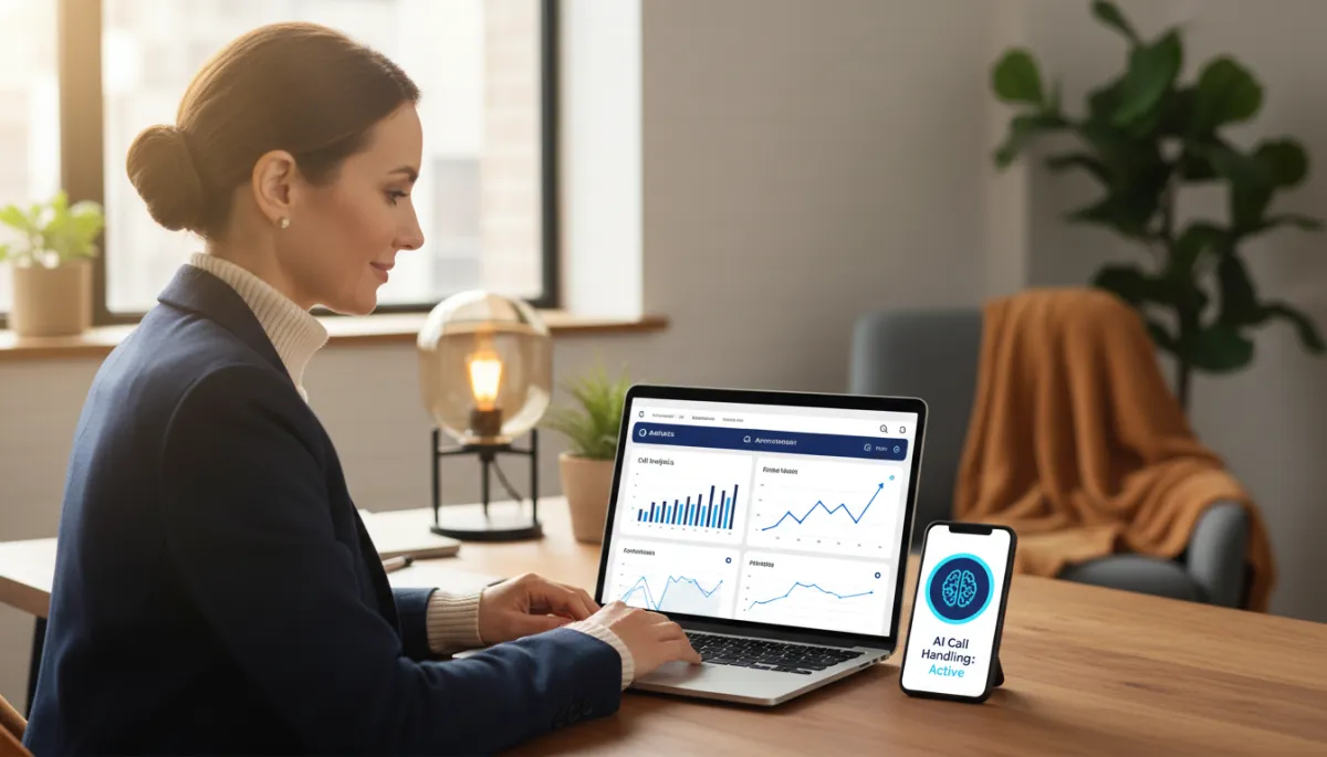 Small business owner reviewing AI call analytics dashboard on a laptop