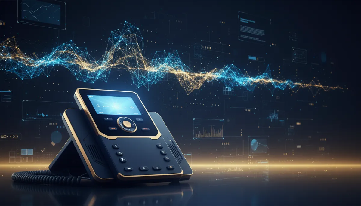high-quality photorealistic scene of a sleek, futuristic office phone with glowing AI voice waveform above it, navy blue and gold color palette, subtle tech interface elements in the background