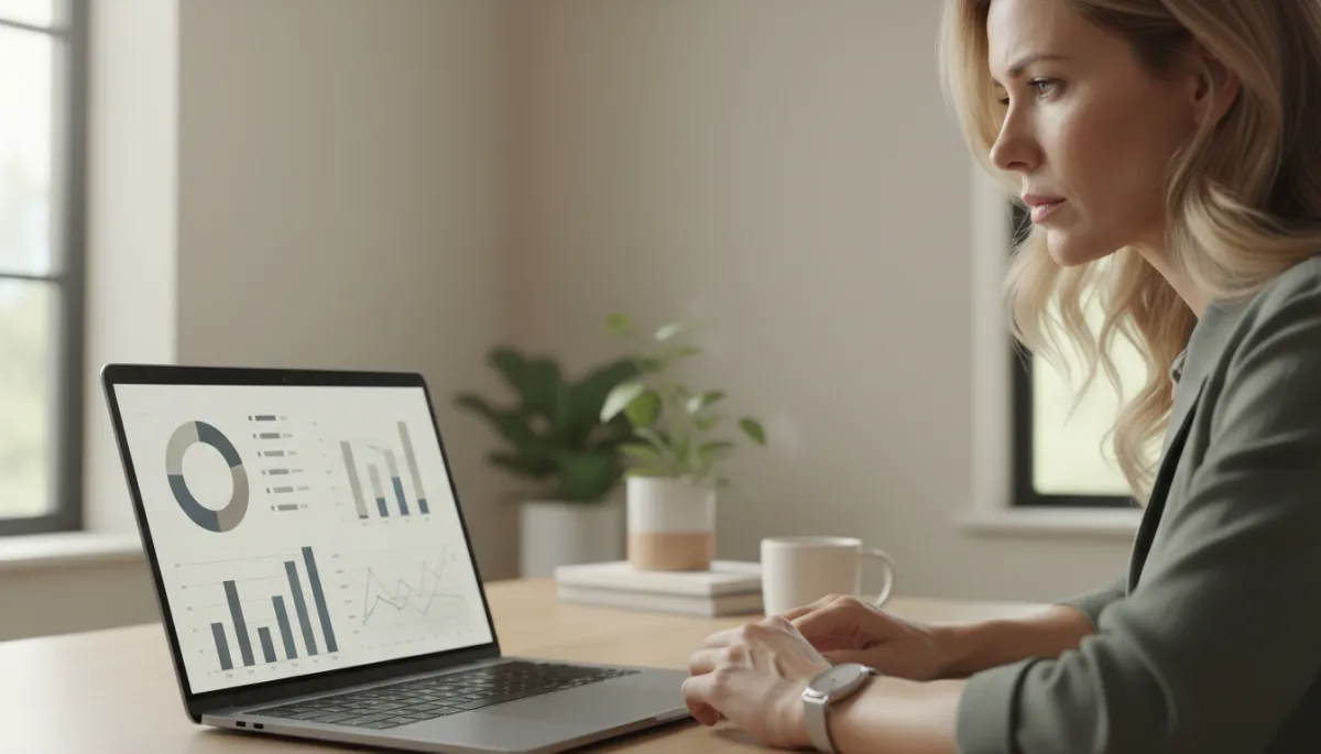 Cinematic scene of a Southwest Florida business owner reviewing digital marketing performance on a laptop