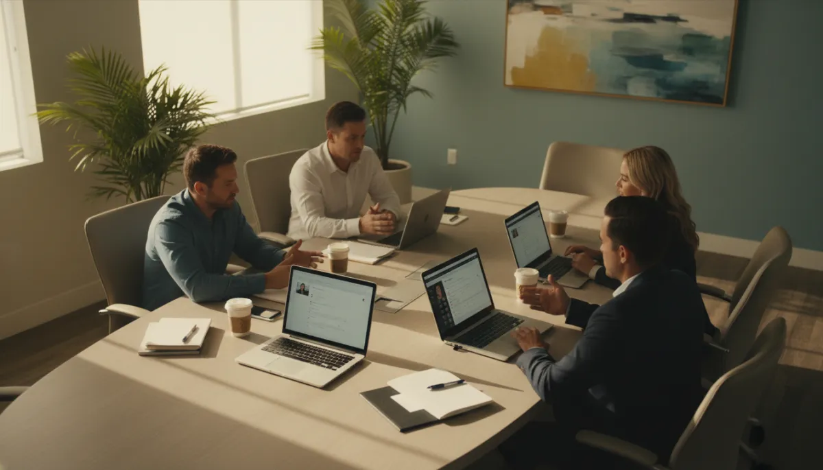 Cinematic overhead view of a Southwest Florida team planning a digital media strategy around a conference table