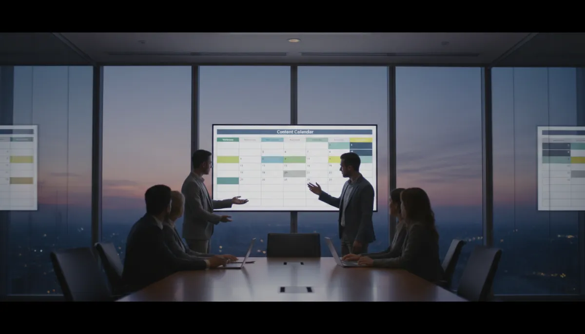 Team reviewing a color-coded content calendar on a large screen