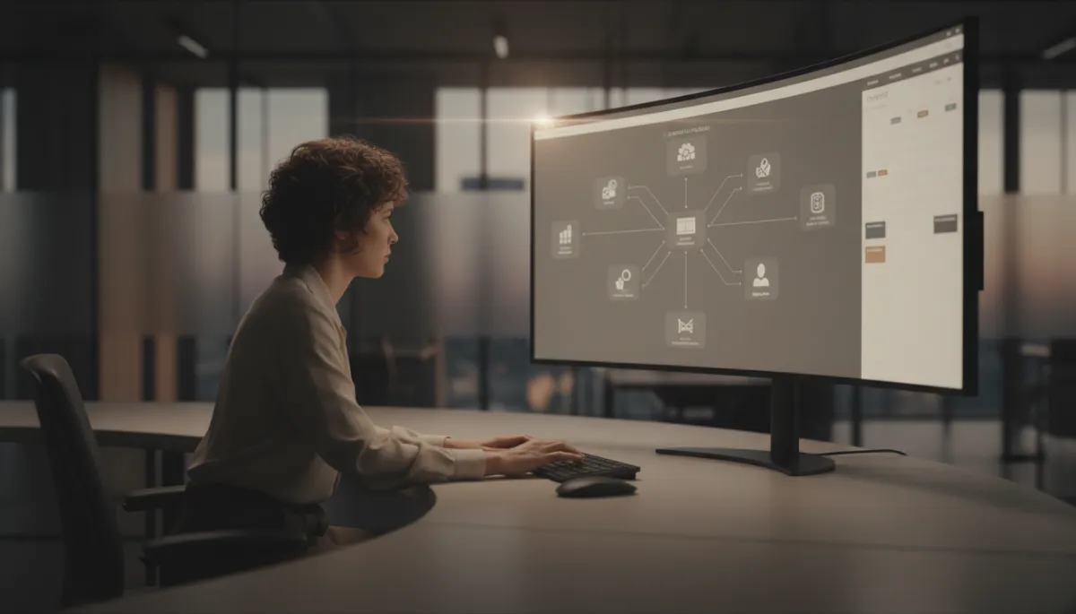Marketer organizing content pillars on a large screen