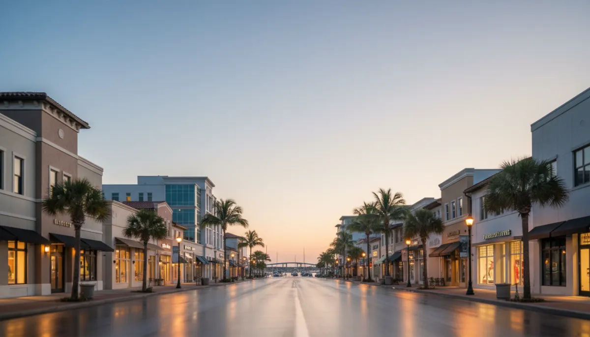 cinematic wide shot of a Southwest Florida coastal downtown at dusk, softly lit storefronts, subtle reflections on wet pavement, neutral color palette, shallow depth of field, overlay headline space in sky area