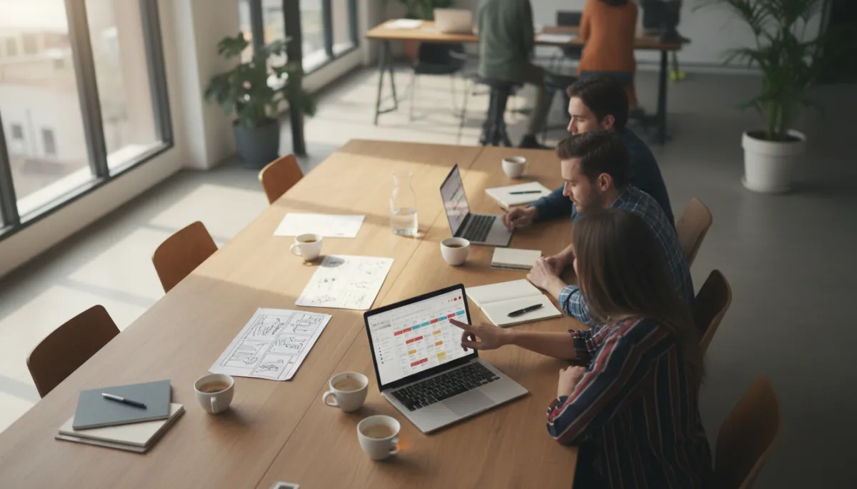 cinematic neutral-toned overhead shot of a large wooden table in a modern office, laptop screens showing a content calendar, printed storyboards, coffee cups, and a small team planning together, soft window light and shallow depth of field