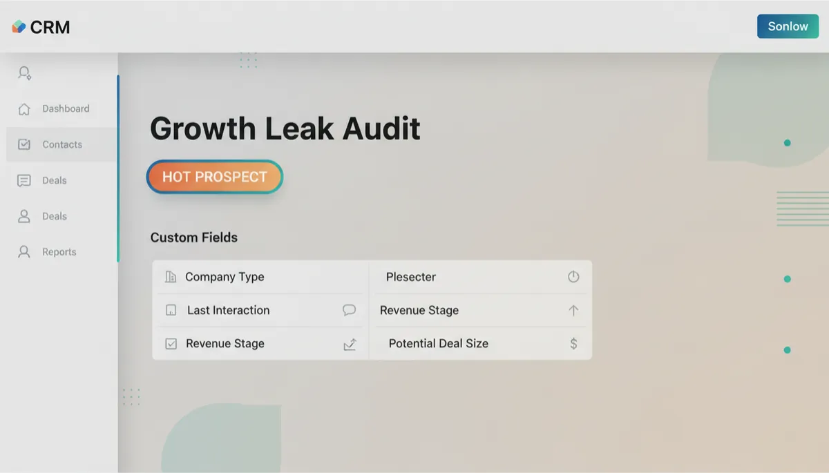 CRM contact record showing Growth Leak Audit custom fields and segmentation tags