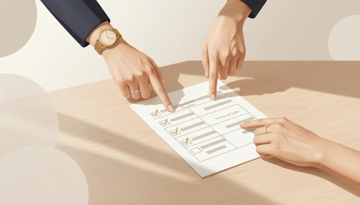 A spacious, editorial photo of hands pointing at a clean, minimal customer enquiries and follow-up checklist on a wooden table, with natural light and a premium, neutral-toned color palette to match the Divine Balubar homepage.