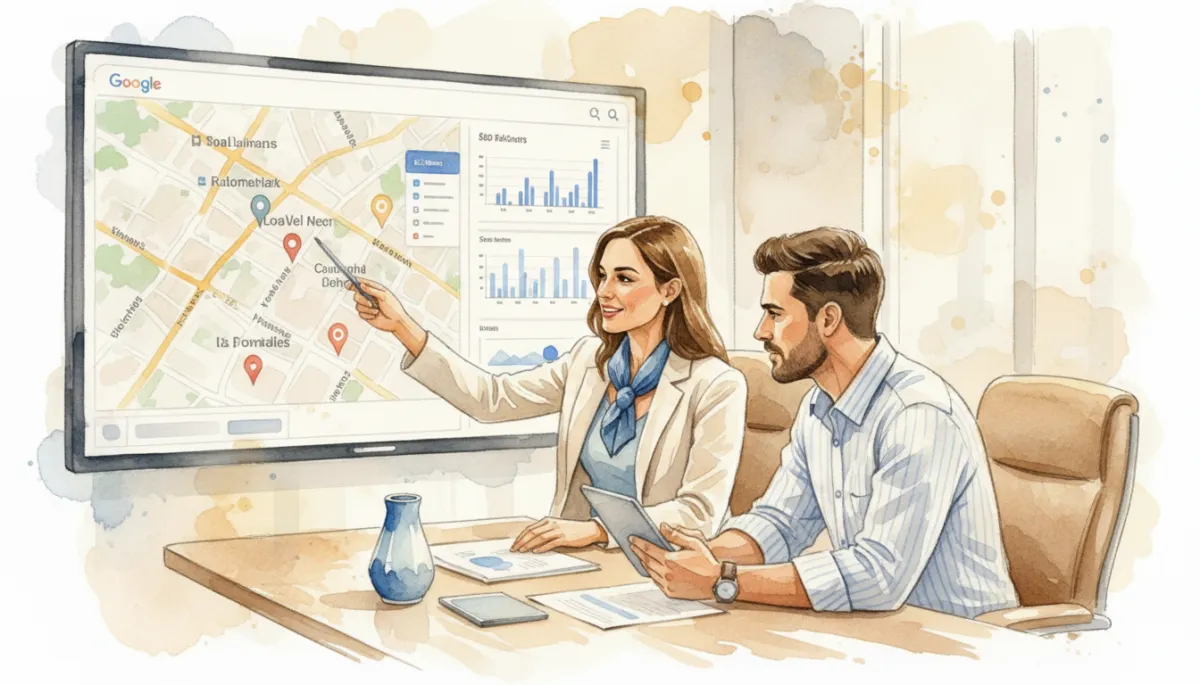 Consultant reviewing local SEO rankings and map listings with business owner
