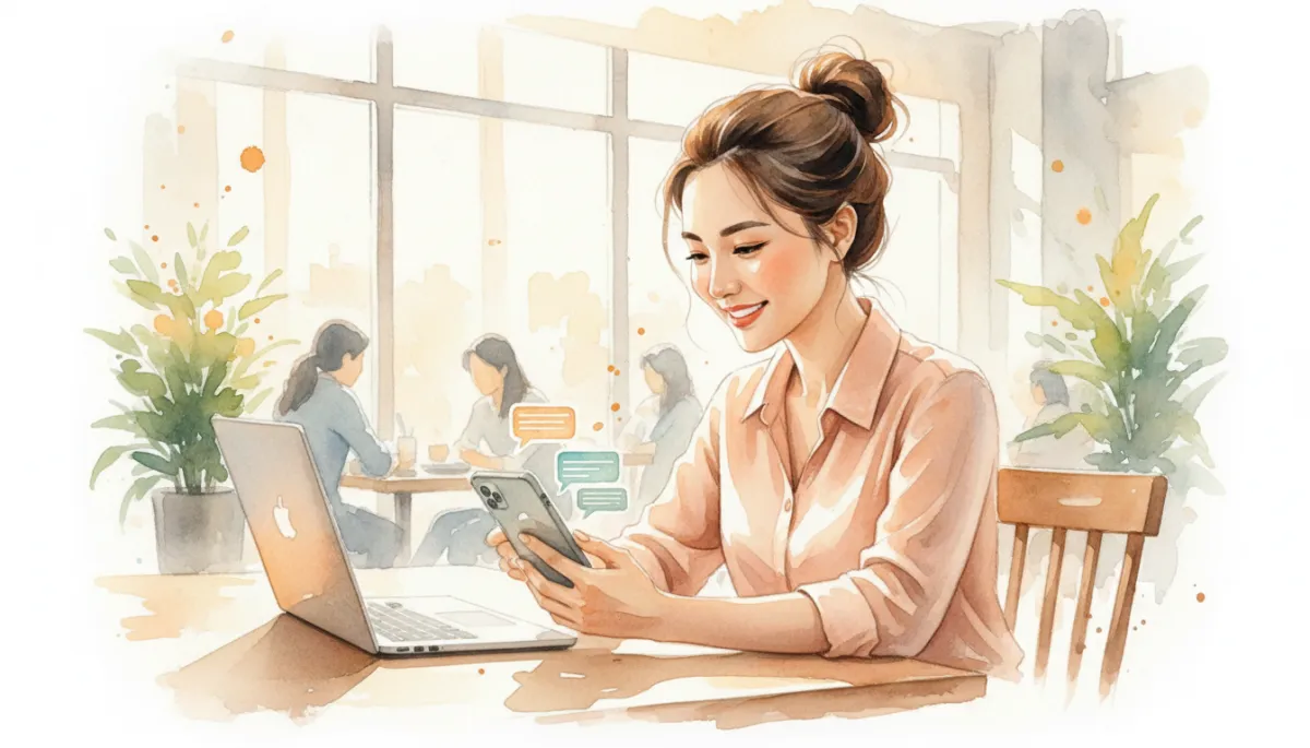 Chủ tiệm nhỏ xem hệ thống tự động trả lời tin nhắn khách hàng trên laptop và điện thoại