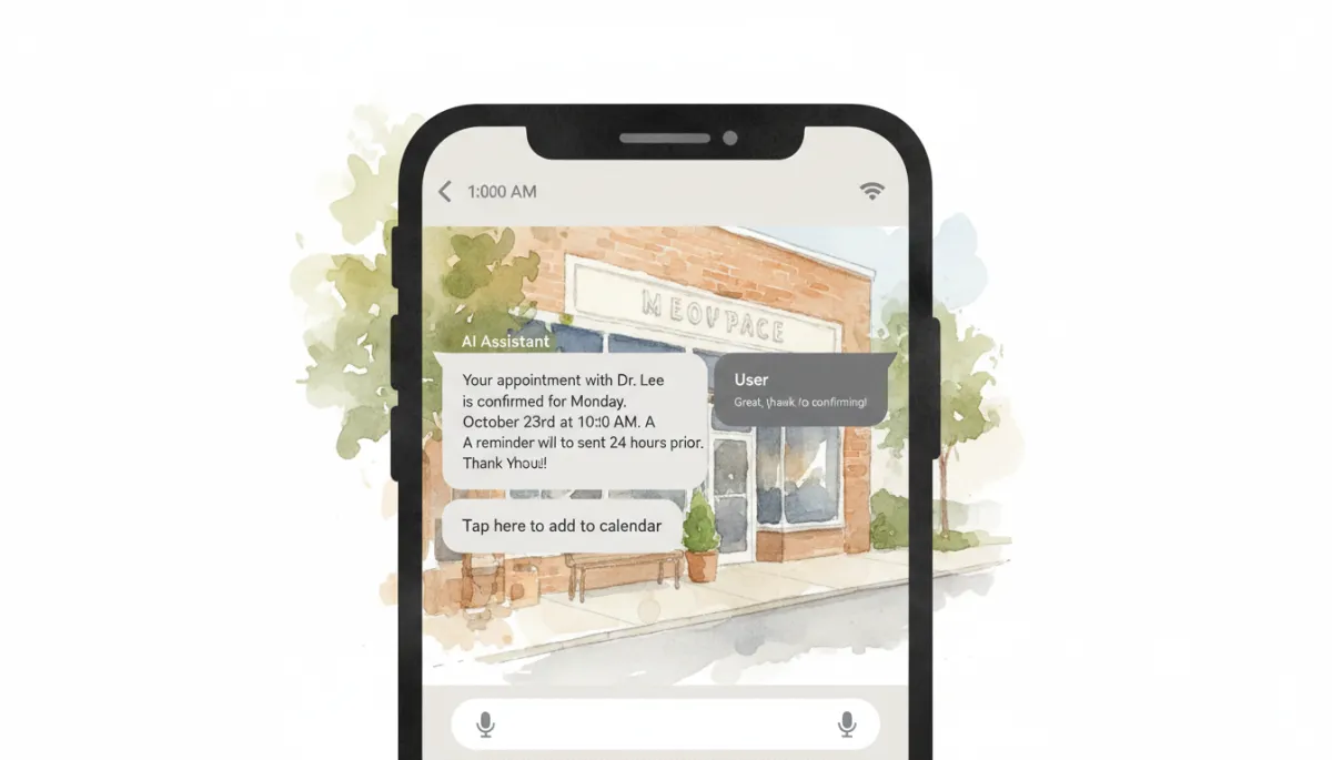 AI automation confirming a local business appointment via text conversation on a smartphone AI automation confirming a local business appointment via text conversation on a smartphone