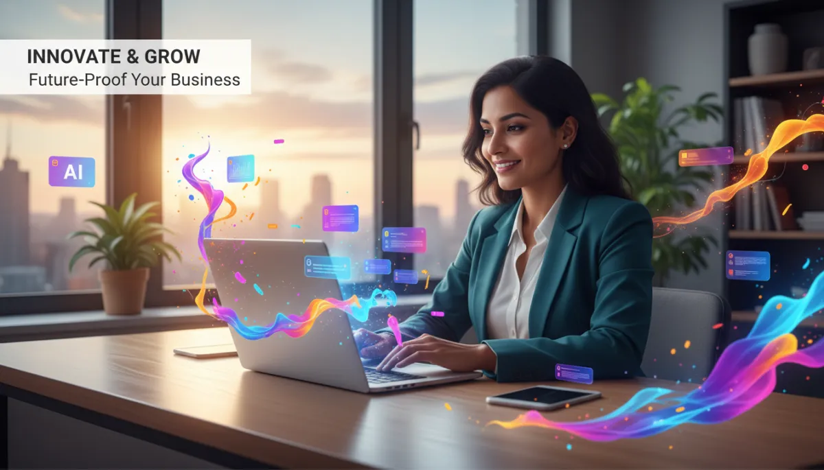 modern, vibrant, professional photorealistic scene of a confident small business owner sitting at a laptop with colorful AI-style interface elements floating around the screen, bold colors, clean office setting, subtle text overlay panels for title and subtitle