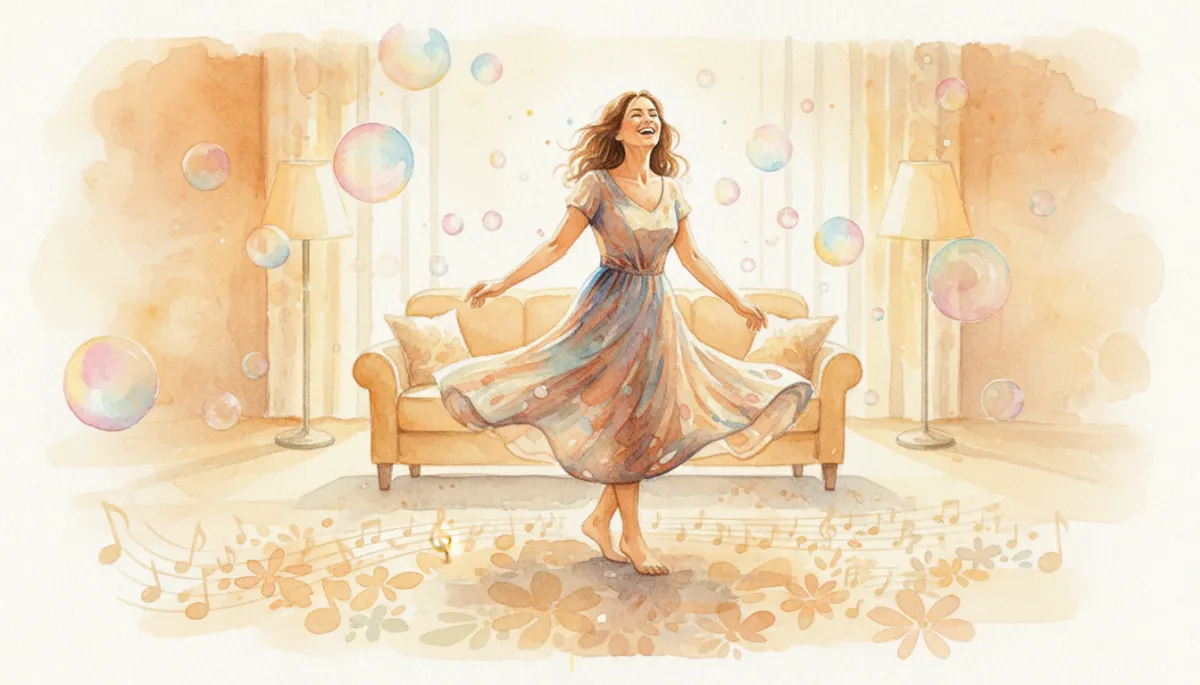 Woman in her 40s laughing and twirling playfully in her living room