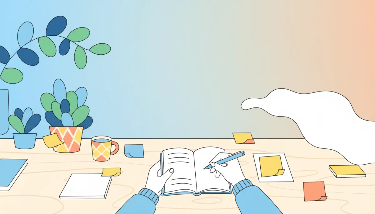 Person journaling at a bright, colorful desk as a self-reflection practice Person journaling at a bright, colorful desk as a self-reflection practice