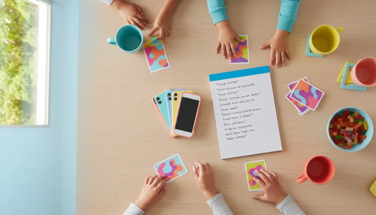 Phones set aside while a family plays trivia together