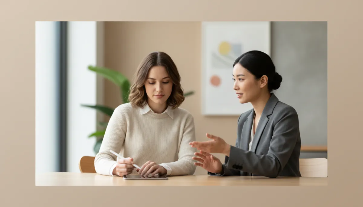 Coach and client talking together in a calm, professional setting