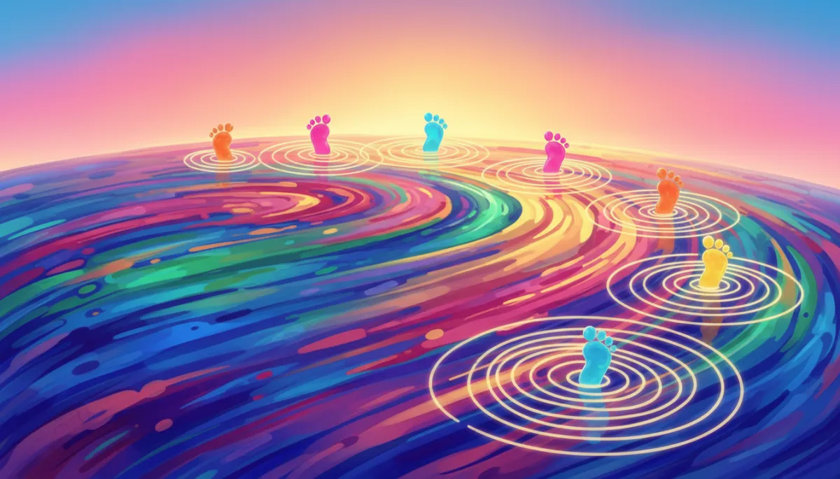 Abstract artistic illustration of small steps creating expanding ripples of courage Abstract artistic illustration of small steps creating expanding ripples of courage