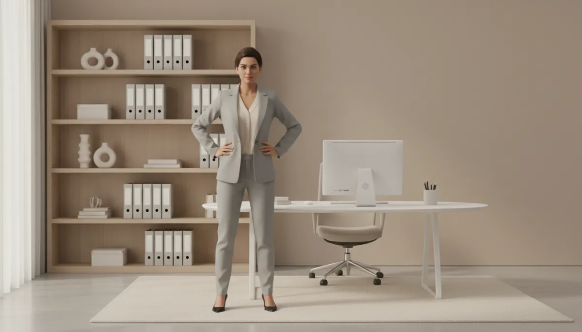 Woman in a Wonder Woman pose in a calm home office