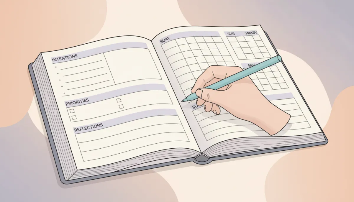Hand writing in a structured daily planner with intention and reflection sections