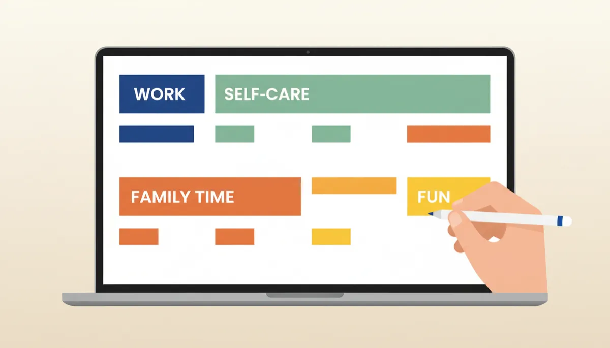 Unified digital planner with color-coded time blocks for work, self-care, family, and fun Unified digital planner with color-coded time blocks for work, self-care, family, and fun