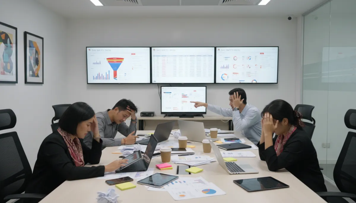A photorealistic, high-quality image showing a diverse group of Malaysian professionals in a modern office setting. The group appears stressed and overwhelmed, surrounded by multiple digital screens, laptops, smartphones, and tablets displaying various sales tools and apps. Papers, charts, and sticky notes are scattered on the table, emphasizing the chaos. The team’s body language conveys frustration and fatigue, with some members rubbing their temples or staring at cluttered screens. The office decor subtly reflects Malaysian culture, such as batik patterns on accessories or local artwork, ensuring authenticity. The lighting is bright and professional, capturing a candid, real-world moment of productivity challenges.