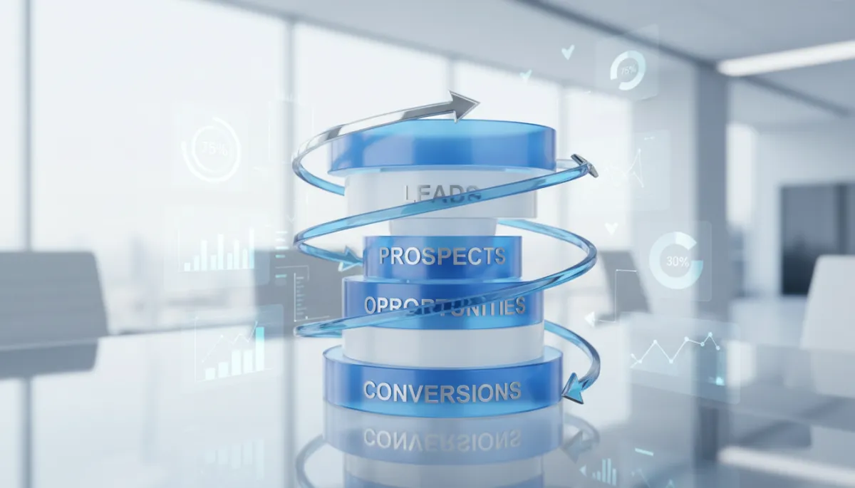 Create a photorealistic, high-quality 3D-rendered image of a modern sales funnel model on a sleek glass desk in a well-lit, professional office setting. The sales funnel is visually segmented into distinct layers, each labeled with stages such as 