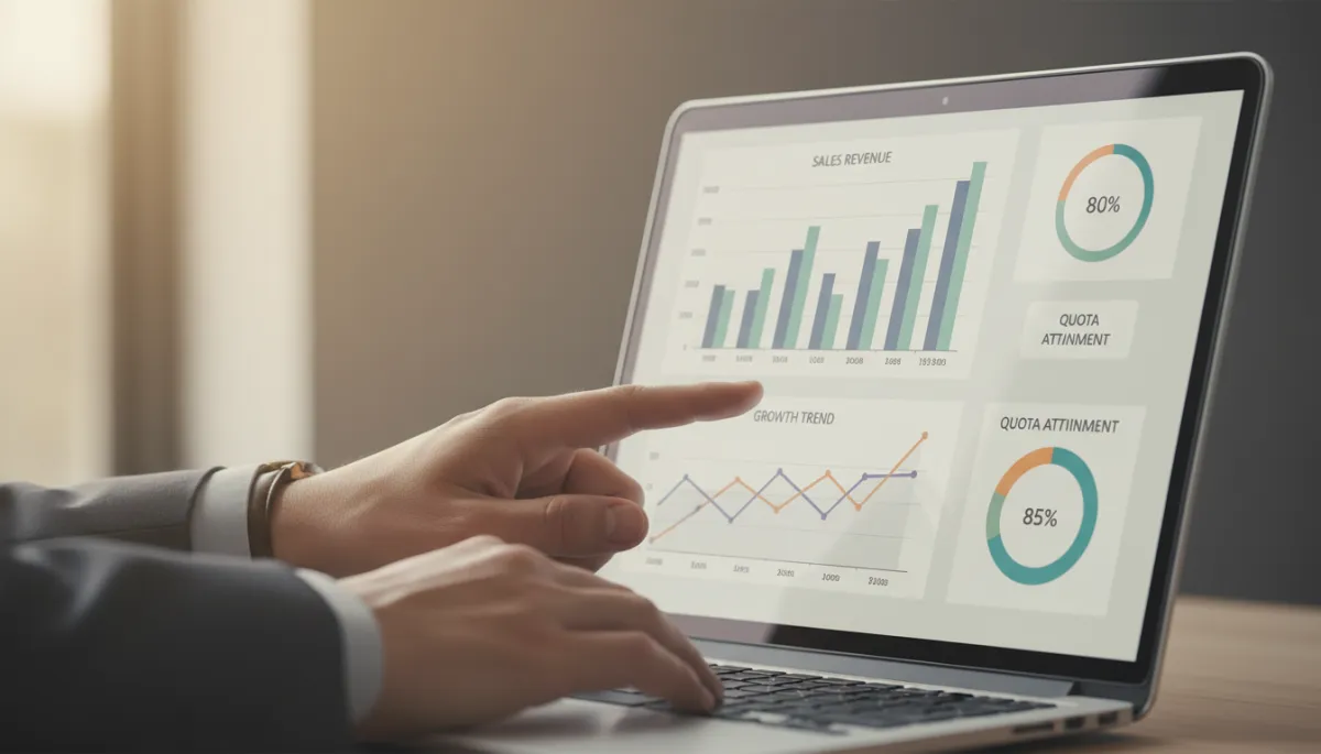 Sales manager analyzing performance metrics dashboard on a laptop Sales manager analyzing performance metrics dashboard on a laptop