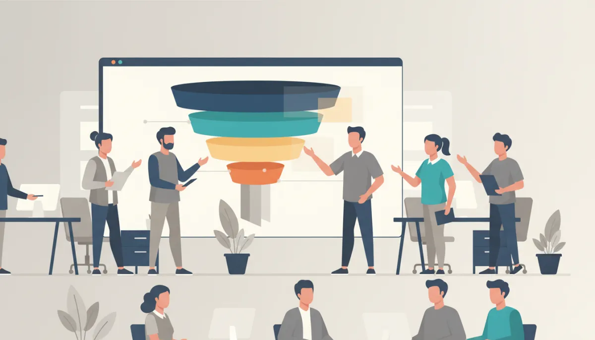 professional neutral-toned office setting with a marketing team gathered around a large screen showing a funnel-shaped sales diagram, subtle overlays for key metrics and conversion stages
