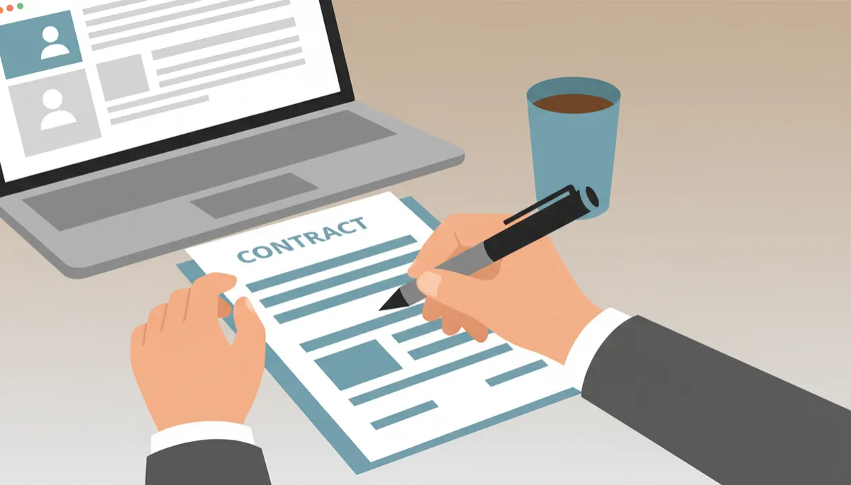Person reviewing a professional financial recovery agreement with a laptop nearby