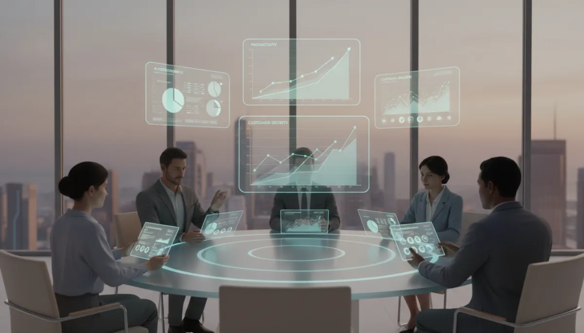 3D render of small business leaders reviewing AI productivity metrics