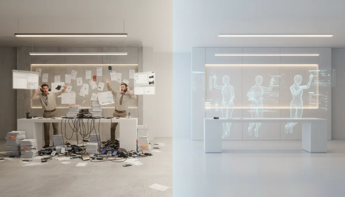 3D render comparing manual versus AI-automated small business operations
