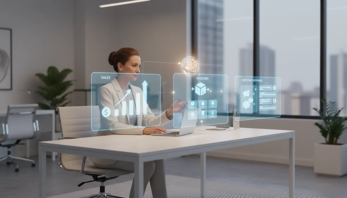 3D render of a small business office with neutral colors, showing a business owner at a modern desk overseeing multiple floating holographic dashboards for sales, inventory, and customer messages, all orchestrated by a central AI hub icon with subtle glowing lines connecting to each dashboard