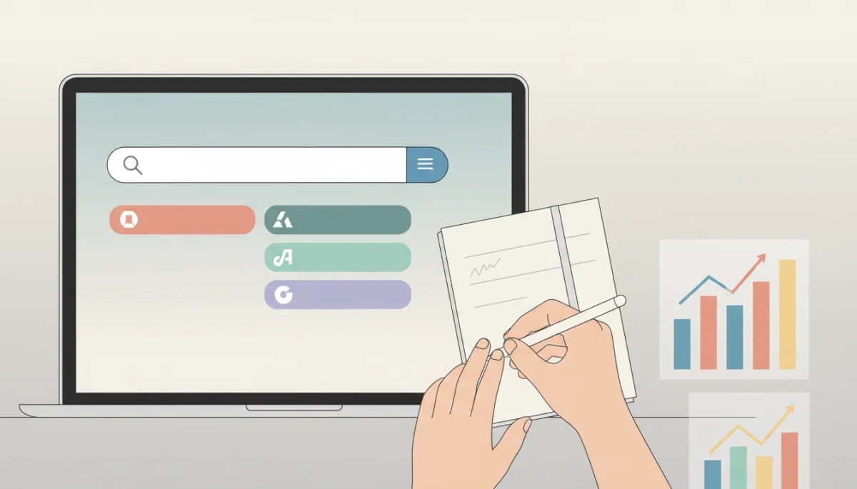 Laptop screen showing branded autocomplete suggestions while a marketer reviews analytics